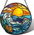 Stained Glass Window Hanging, Orange Sun Blue Sea Waves Landscape Suncatcher for Doors Window Home Sun Catchers Decor Mother's Day Birthday Gifts for Women, Men Mom 15 in