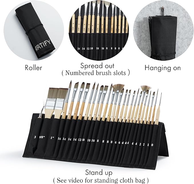 ARTIFY 25 Pieces Professional Paint Brush Set – Expert Series Synthetic Nylon Brushes for Acrylic, Oil, Watercolor, Gouache – No Shedding, Canvas Roll Case & Palette Knife, Artist Gifts Art Supplies