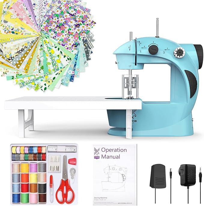KPCB Tech Sewing Machine for Beginners [Full Set] with Finger Guard and Fabric Bundles - Mini Electric Sewing Machine with Sewing Kits, Foot Pedal, US Adapter and Extension Table