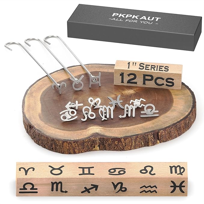 12Pcs Mini 1" Branding Irons, Zodiac Signs Custom Wood Branding Iron Personalized for Wood Working, Leather Hats, Felt, Cowhide, BBQ Brander & Bread Logo, Steak Branding Iron for Food