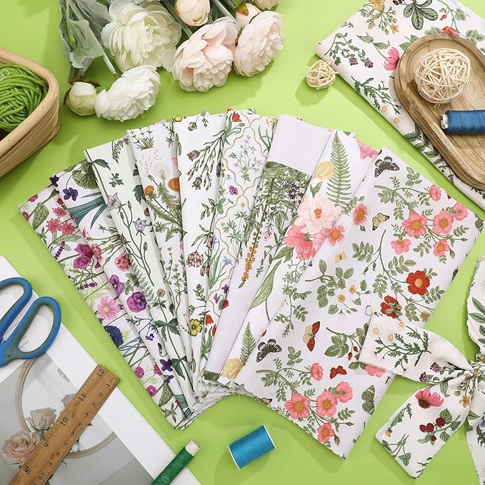 Hahafelt 10 Pcs Spring Wildflower Floral Fat Quilting Fabric Bundle 20 x 20 Inch Fabric Square Pastel Flower Quarters by The Yard Patchwork Precuts Supplies for Spring Summer DIY Sewing Craft