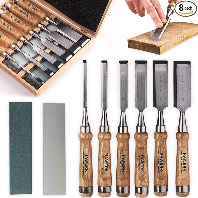 Wood Chisel Set - Wood Chisel Sets with Premium Wooden Case - Small Carving Wood Chisels for Woodworking - Includes 6 pcs Wood Working Chisels & 2 Sharpening Stones