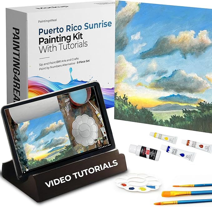 Painting4Real DIY Art Painting Kit for Adults – Learn to Paint Puerto Rico Sunrise with Video Tutorials – 9 Pieces Acrylic Paint Set for Adults – Christmas Crafts & Holiday Gifts for Art Lovers