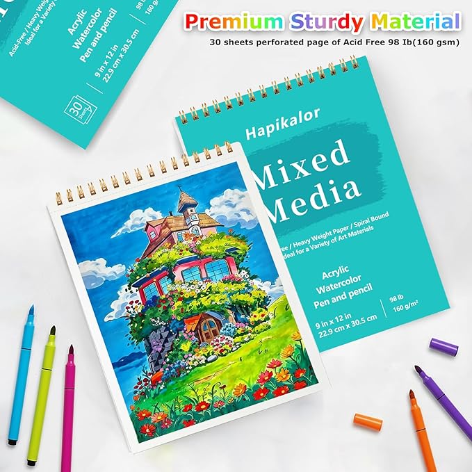 Sketch Book Mixed Media Pad - 9" x 12" Top Spiral Bound Sketch Pad, 30 Sheets 98lb/160gsm Acid-Free Drawing Paper, Art Supplies Sketchbook for Drawing, Sketching