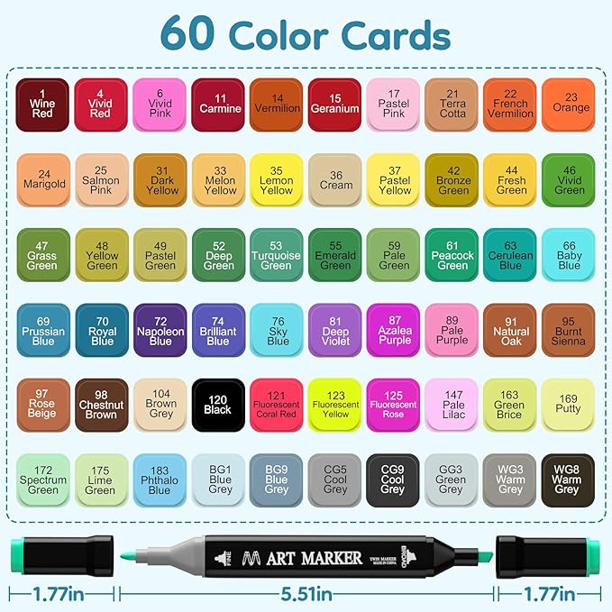 Alcohol Markers Set, 60 Colors Dual Tip Art Marker for Kids Sketching Adult Coloring, Permanent Drawing Marker with Case and Holders