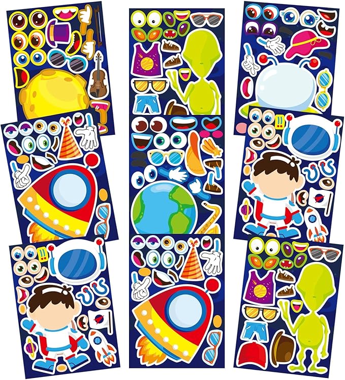 DUJAA 24 Multicolor Cartoon Space Stickers, Astronaut, Alien, Rocket, Planet, Waterproof, Glossy, Single Use, Indoor, Space, Cartoon Theme