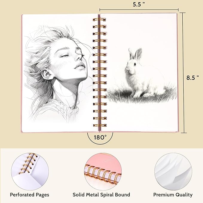 Yoment 5.5" x 8.5" Sketch Book Small Sketchbook for Drawing 100 Sheets Hardcover Spiral Sketch Pad for Kids(68lb/100gsm) Art Sketchbook Drawing Blank Paper Book for Beginner Artist with Pencil Pink