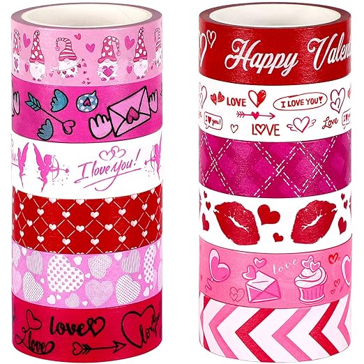 SANNIX 12 Rolls Valentine's Day Washi Tape 15mm Red Pink Love Valentines Masking Tapes Wedding Party Decorations for DIY Scrapbook Journal Card and Gift Wrapping