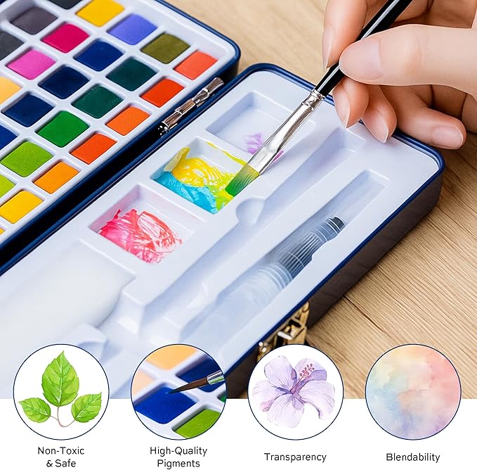 50 Colors Watercolor Paint Set with 8 Brushes (Water Brush + Detail Brushes), 3 Mixing Palettes & Complete Accessories, Perfect for Beginners,Great for Outdoor Sketching, Painting Creation, Holiday Gifts