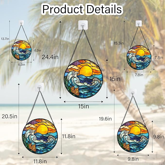 Stained Glass Window Hanging, Orange Sun Blue Sea Waves Landscape Suncatcher for Doors Window Home Sun Catchers Decor Mother's Day Birthday Gifts for Women, Men Mom 7.8 in