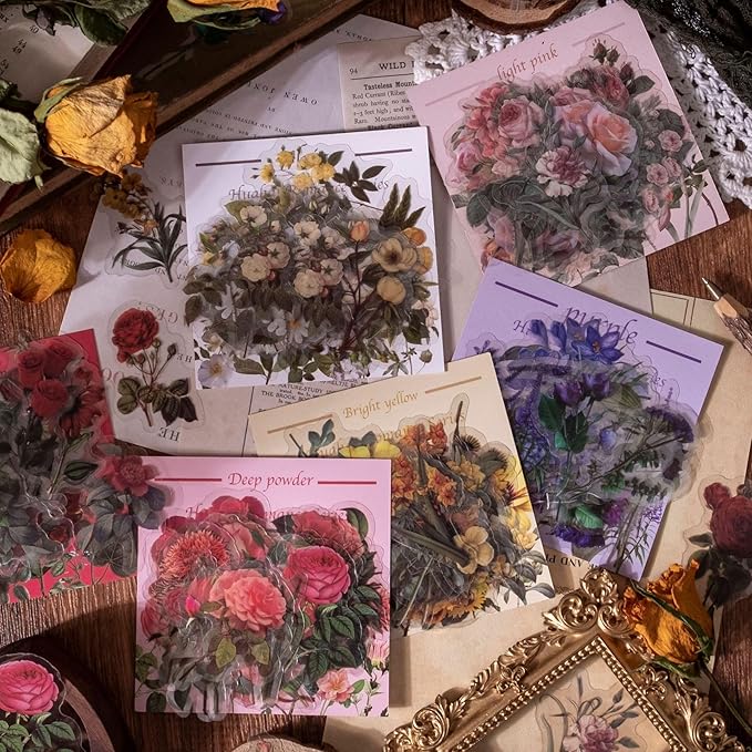 Yoksas 240Pcs Vintage Nature Flower Botanical Stickers - Waterproof Aesthetic Roses Floral Scrapbook Craft Decorative Stickers for Junk Journals, Planners, Collage Album