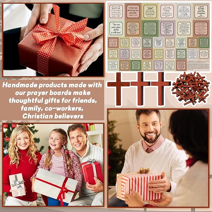 Pocket Prayer Quilt Panel Squares with Small Wooden Crosses Mini Scripture Pocket Prayer Quilt for Friend Family Religious Spiritual Gift Easter Reward Gift(Retro2,Brown)