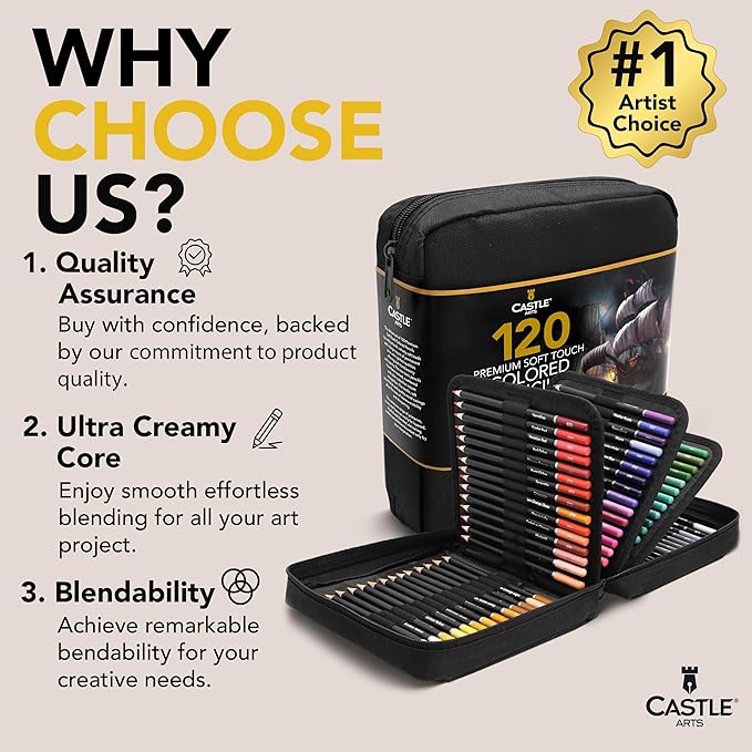 Castle Art Supplies 120 Colored Pencils with Zipper | Quality Soft Coloured Leads for Adult Artists, Professionals and Colorists | In Zipper Pouch