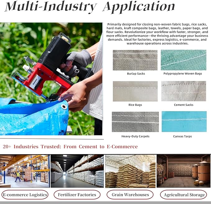 Cordless Bag Sewing Machine | Portable Industrial Bag Closer | 2-Second Fast Sealing for Woven PP/Canvas/Jute Bags | Factory & Farm Bag Stitcher (Red, Lithium Battery - 36V DC)