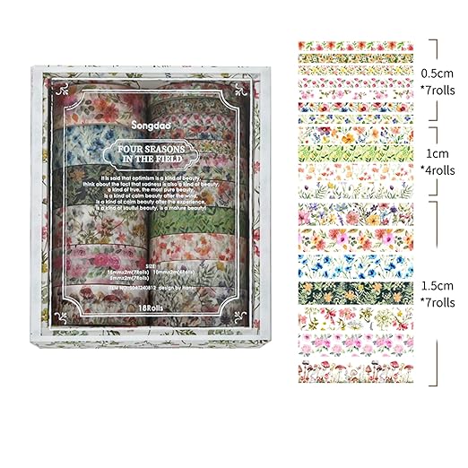 18 Rolls Seasons Flowers Washi Tape Set Floral Arts Adhesive Tapes Blooming Garden Decorative Masking Tape Sets for Craft, Kids, Scrapbook, DIY, Gift Wrapping (Spring)