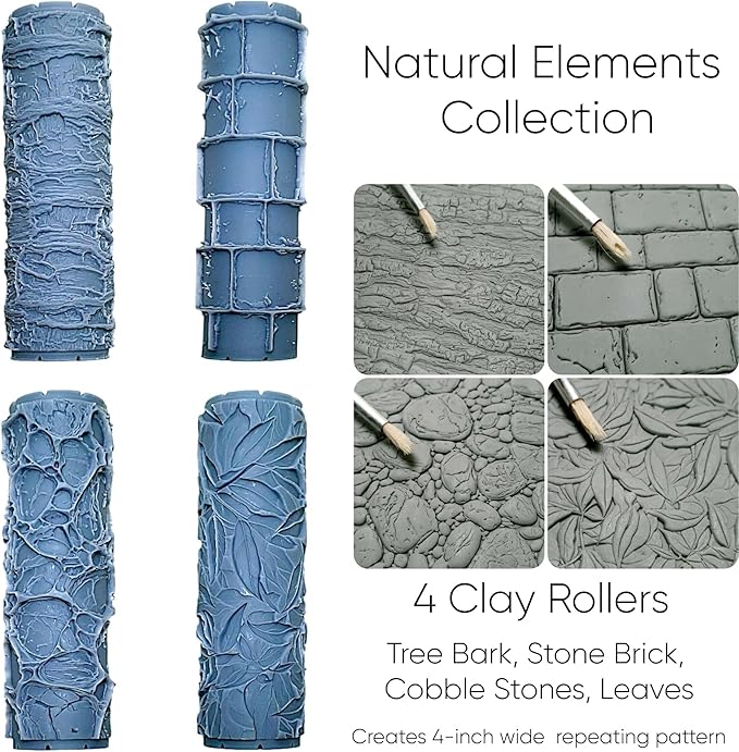 Natural Elements Collection Clay Texture Rollers 4-Pack (4") - Seamless Set #01 - Embossing Pattern Rollers for Polymer & Ceramic Clay, Pottery & Crafts