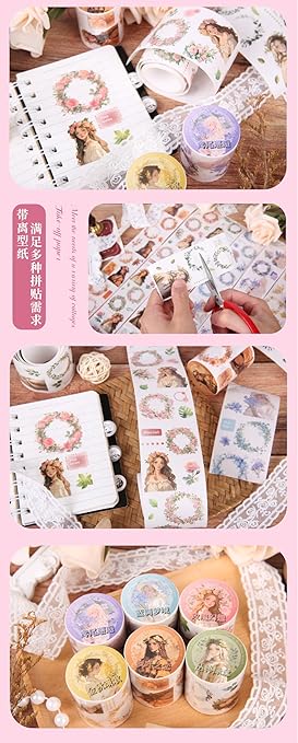 Alideco 6pcs Decorative Adhesive Tapes Fresh Literary Girl Botanical Flower Landscape PET Tape Great for Bullet Journal Supplies, Arts, Scrapbook, DIY Crafts, Planners (huahuanzhongdeshipian)