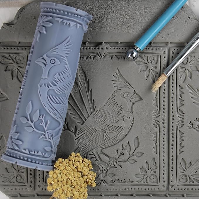 Cardinal Clay Texture Roller (4") - Bird Set #01 - Embossing Pattern Roller for Polymer & Ceramic Clay, Pottery & Crafts