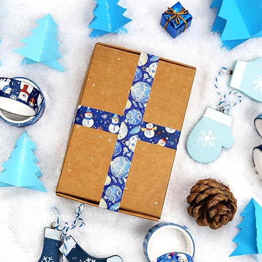 Winter Washi Tape Set,12 Rolls Blue Snowman Holiday Decorative Tape Xmas Ball Gnome Penguin Gift Masking Tape for Journaling Supplies, Journal, Scrapbooking, DIY Arts & Crafts, Gift Wrapping