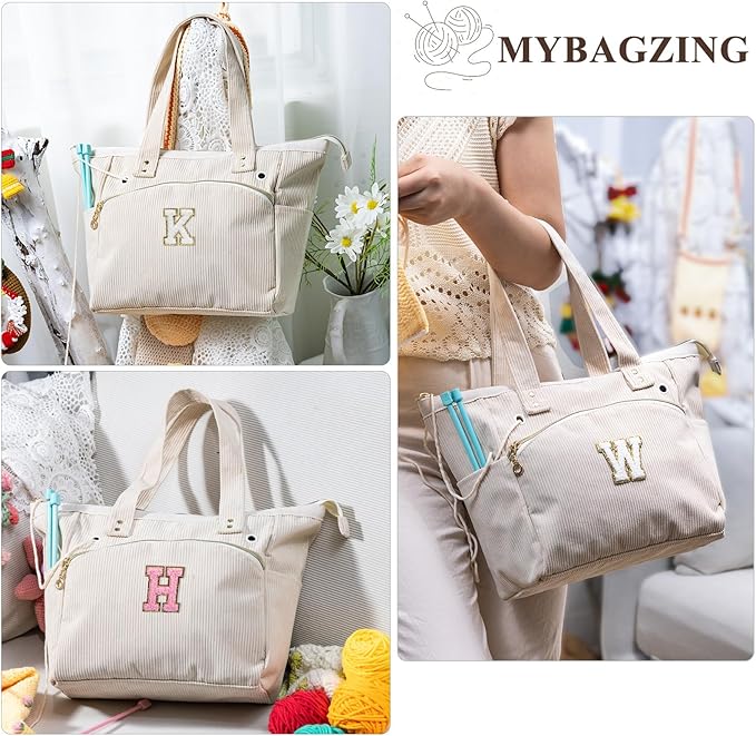 Initial Personalized Crochet Tote - Corduroy Yarn Storage - Holder for Crochet Hooks, Accessories, Project Bag