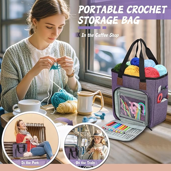 Crochet Bag Organizer, Knitting Yarn Bag Tote on the go, Crocheting Storage for knitters Supply Only Bag No Accessories(Purple)