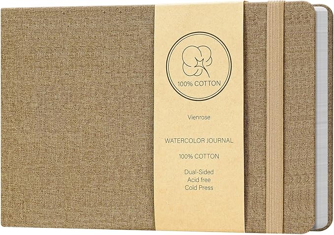 Vienrose Watercolor Sketchbook, 5.5"x8.2" Watercolor Journal with 24 Sheets 140 LB (300 GSM) Cotton Watercolor Paper, Brown Linen Cover Watercolcr Sketch Book As Travel Notebook Mixed Media Pad