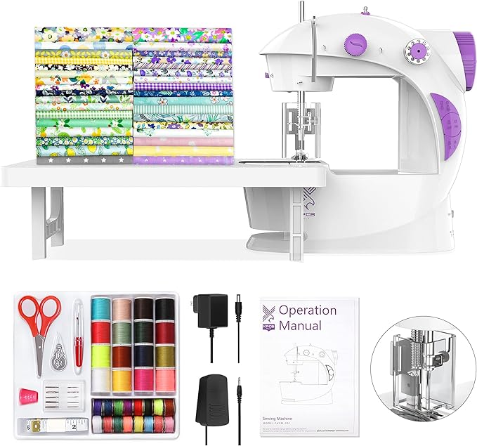 KPCB Tech Sewing Machine for Beginners [Full Set] with Finger Guard and Fabric Bundles - Mini Sewing Machine with Sewing Kits, Foot Pedal, US Adapter and Extension Table