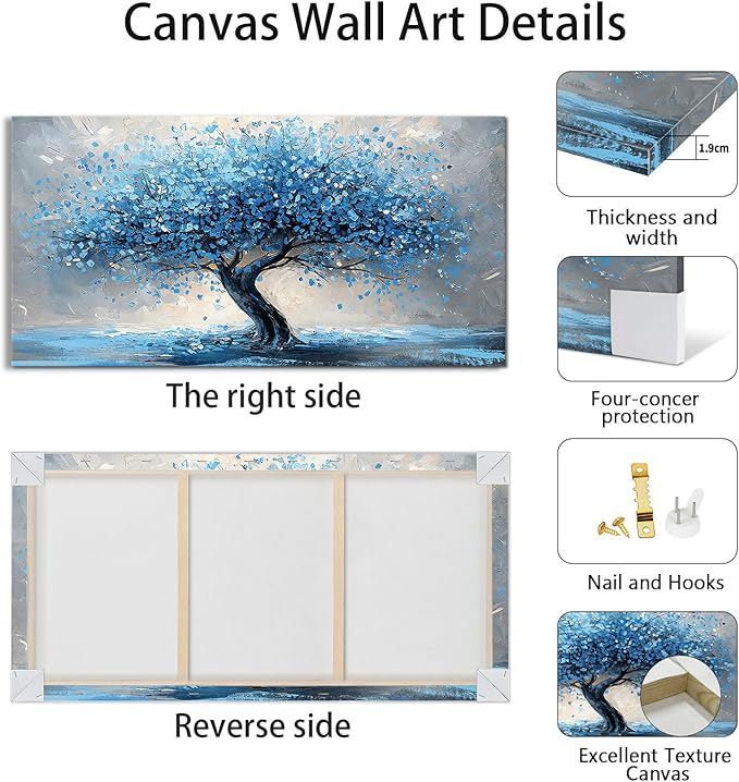 WENGTIAO Large Wall Decor For Living Room, Blue Trees Canvas Wall Art For Bedroom Office Decor Tree Panoramic Landscape Wall Paintings Prints Textured Pictures Artwork Modern Home Decoration 60X120cm