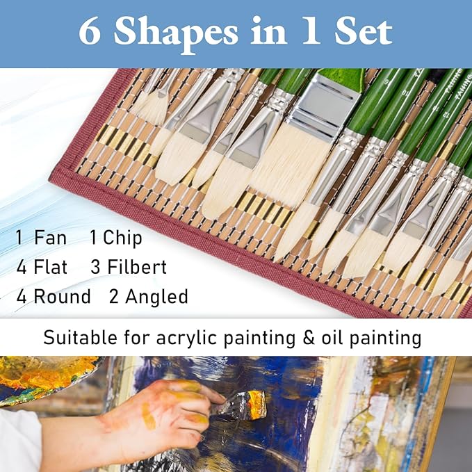 Falling in Art Natural Bristle Professional Paintbrush Set, 15PCS Long Handle Brushes for Acrylic Painting, Oil Paint Brushes of Fan, Round, Flat, Angled, and, Filbert with Storage Pouch, Green