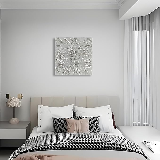 Art Hand-Painted Abstract Three-Dimensional Textured Art Oil Painting of White Roses, 24x24 inches. Modern Minimalist Style Art. Suitable for Wall Decoration in Home Offices