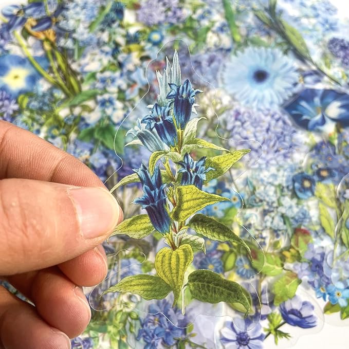 Yoksas Nature Blue Flower Plants Stickers - 100 Pcs Aesthetic Clear Floral Stickers for Scrapbooking, Journaling, Retro Art, Resin Crafts