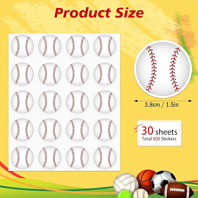 600 PCS Baseball Stickers for Kids, Baseball Stickers Sport Ball Theme Decals Sticker for Crafts Scrapbooks Envelope Gift Classroom Teacher Baseballs Birthday Party Decor, 1.5 Inch