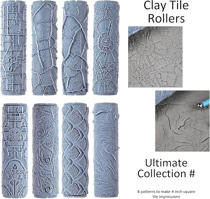 Ultimate Seamless 8-Set Clay Texture Rollers (4") - Seamless Set #02 - Embossing Pattern Rollers for Polymer & Ceramic Clay, Pottery & Crafts