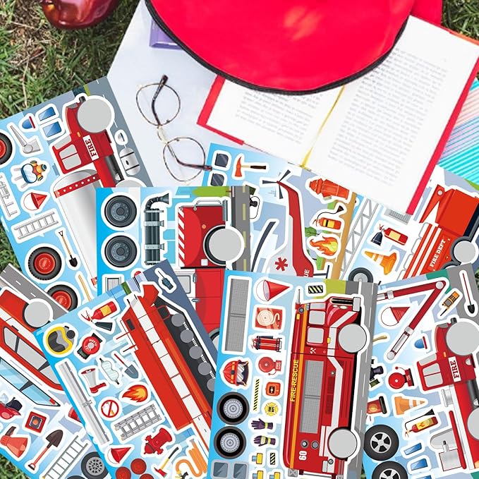 24 Sheets Truck Stickers for Kids, Make a face Sticker, Make Your Own Fire Truck Stickers with 8 Designs Fire Themed Truck for Kindergarten Birthday Gift Classroom Fire Party Favors