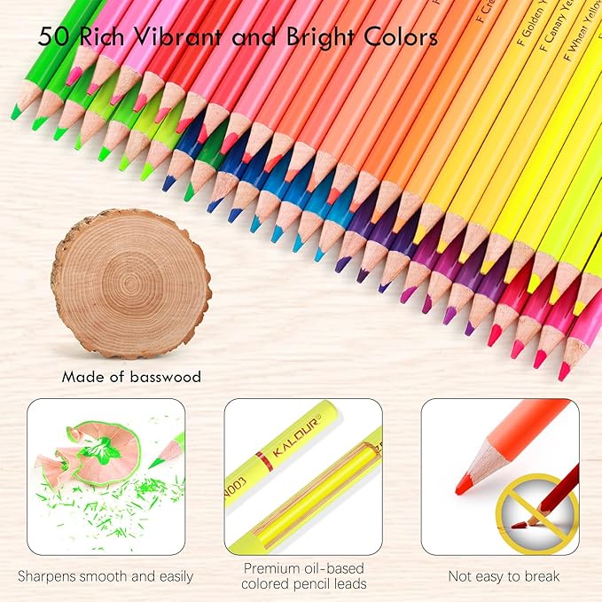 50 Neon Colored Pencils for Adult Coloring Books, Fluorescent colored Professional Drawing pencils Set Art Supplies Kit for Adults Beginners Artists, Soft Core