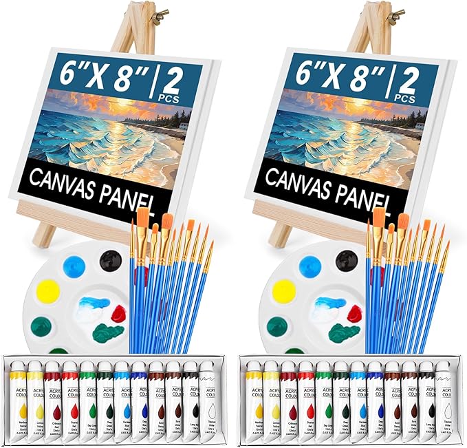 ESRICH 52PCS Acrylic Paint Canvas Set, Acrylic Painting Kit with 2 Set of 12 Colors Acrylics Paint,Paint Brushes,Canvas, Wooden Easels, Art Plates, Art Painting Supplies for Kids Adults Beginners