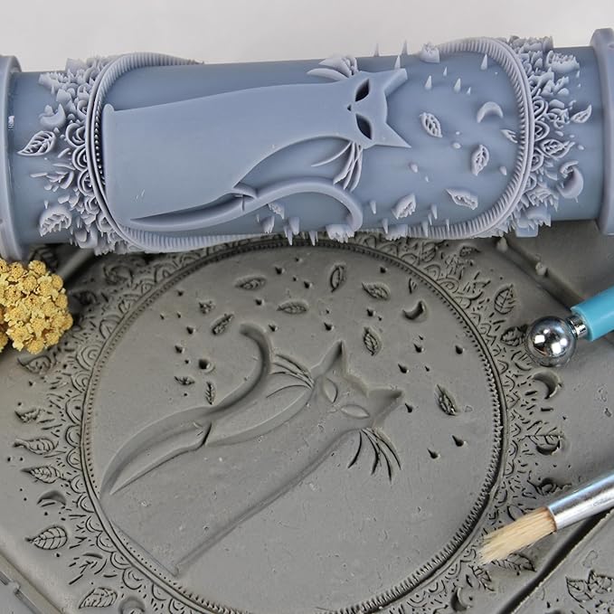Black Cat Clay Texture Roller (4") - Halloween Set #01 - Embossing Pattern Roller for Polymer & Ceramic Clay, Pottery & Crafts