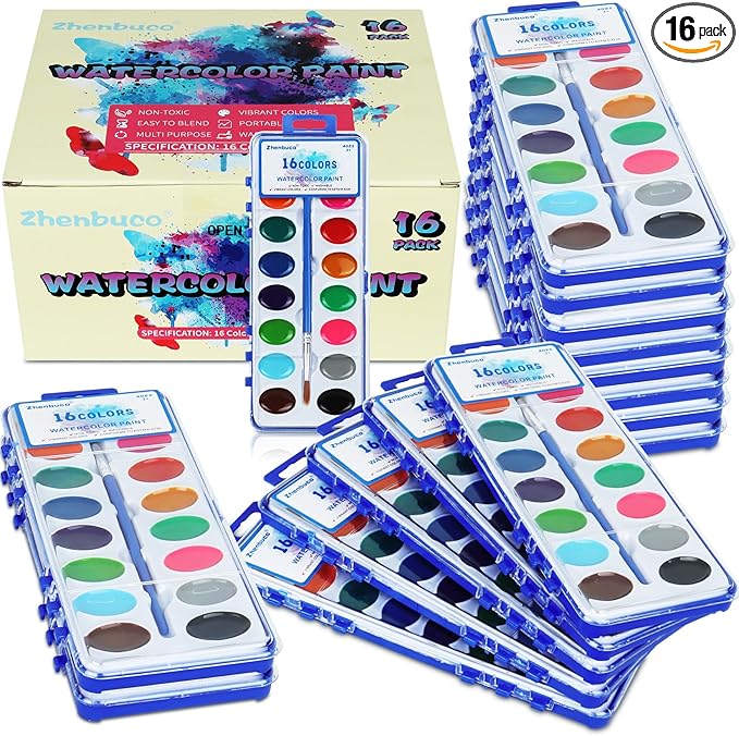 16 Pack Watercolor Paint Set - 16 Colors Quality Washable Water Color Paints Sets with Paint Brush, Kids Watercolor Paint Set for Coloring, Art, Classrooms, Party Favors and Paint Supplies