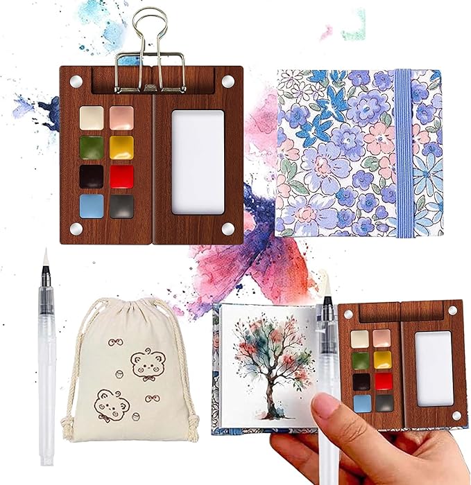 Mini Paint Palette Travel Kit - Mini Travel Watercolor Palette Set, Pocket Artist Water Color Travel Set with Colours, Watercolor Book, Clips, Pens,Wooden Paint Box for Painters Artists Student