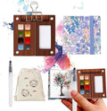 Mini Paint Palette Travel Kit - Mini Travel Watercolor Palette Set, Pocket Artist Water Color Travel Set with Colours, Watercolor Book, Clips, Pens,Wooden Paint Box for Painters Artists Student