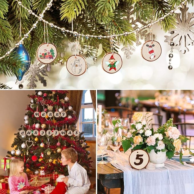 Unfinished Natural Wood Slices 20 Pcs 3.5-4 Inch Wood Coaster Sets Pieces Craft Wood kit Predrilled with Hole Wooden Circles Great for Arts and Crafts Christmas Ornaments DIY Crafts Rustic Wedding