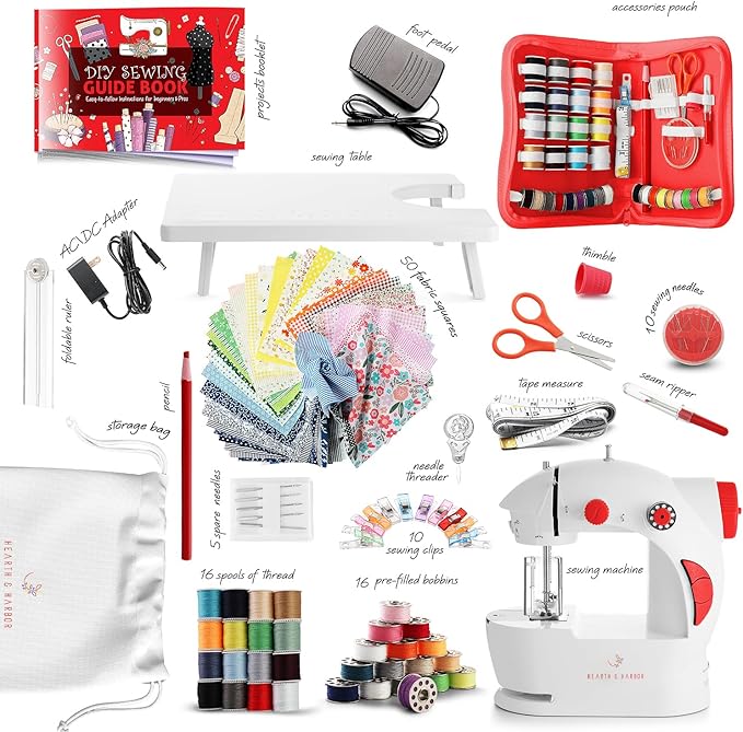 Hearth & Harbor Mini Sewing Machine for Beginners, Dual Speed Small Portable Sewing Machine for Kids and Adults with Extension Table, 122 Piece Gift Set Includes, Fabrics, Project Book and More, Red