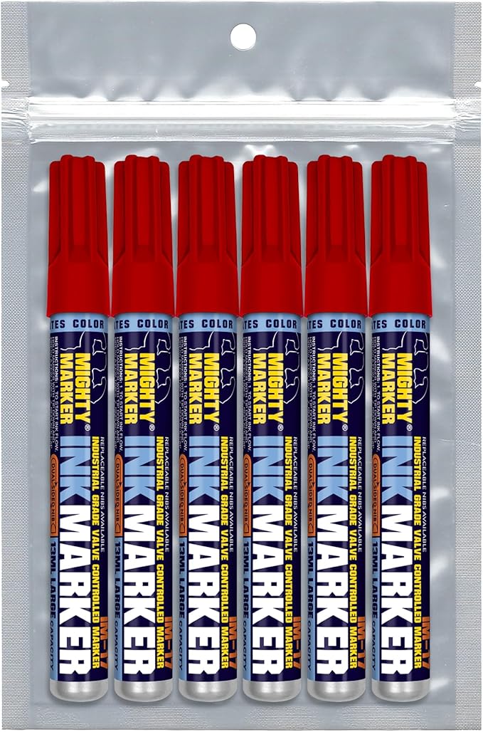 IM-17 Ink Marker, Dual Tip, 13ml Alcohol-Based Permanent Ink, Waterproof Fade & Abrasion Resistant, Valve Action, 6 Bonus Tips, Manufactured in USA, 6 Pack (Red)