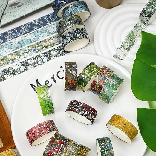 12 Rolls Flowers Washi Tape Set Floral Arts Adhesive Tapes Splast Silver Decorative Masking Tape Sets for Craft, Kids, Scrapbook, DIY, Gift Wrapping (Verdant Glow)
