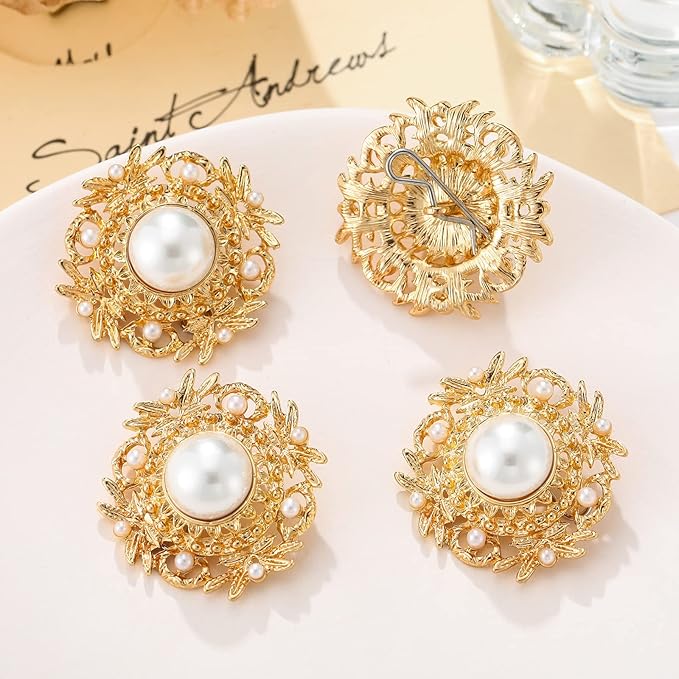 4 Pcs Sliver Rhinestone Buttons Crystal Embellishments for Clothing Jewelry Making DIY Decoration Bottons for Sewing Crafts Wedding Bridal (Pearl-Gold)