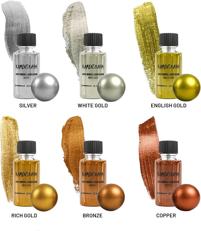 Liquid Leaf Paint - Gilding Paint Set - Rich & English Gold, Silver, Bronze, Copper, White Gold - 6 pcs. 0.68 fl oz (20 ml) Each