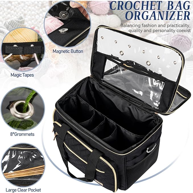 Knitting Bag Yarn Storage Tote, Large Crochet Organizer Bag, Yarn Holder Case for Knitting Needles, Knitting Project Bag with Inner Divider for Knitting Accessories, Crochet Hooks, Black