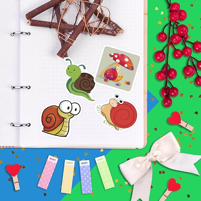 BulbaCraft 100Pcs Snail Stickers for Water Bottle and Laptop - Snail Party Supplies & Decorations, Waterproof Vinyl Decals, Cute Animal and Nature Stickers, Gifts for Women & Men