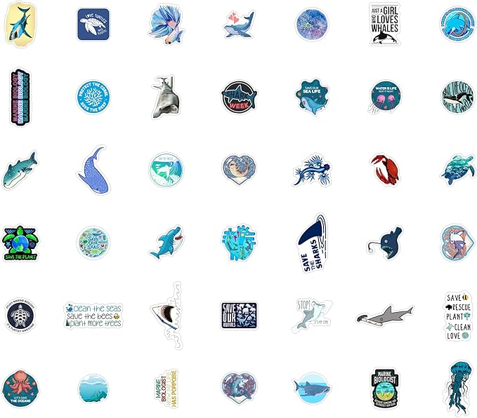 BulbaCraft Marine Biology Stickers for Water Bottle and Laptop - Marine Biology Party Supplies & Decorations, Waterproof Vinyl Decals, Ocean Stickers, Gifts for Women & Men