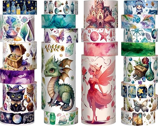 Washi Tape Set 23 Rolls, Magic & Fairy Themed Scrapbook Tape for Bullet Journal Set, Colored Masking Tape for Scrapbooking Supplies, Junk Journaling, DIY Craft (Dragons/Cats/Castles)